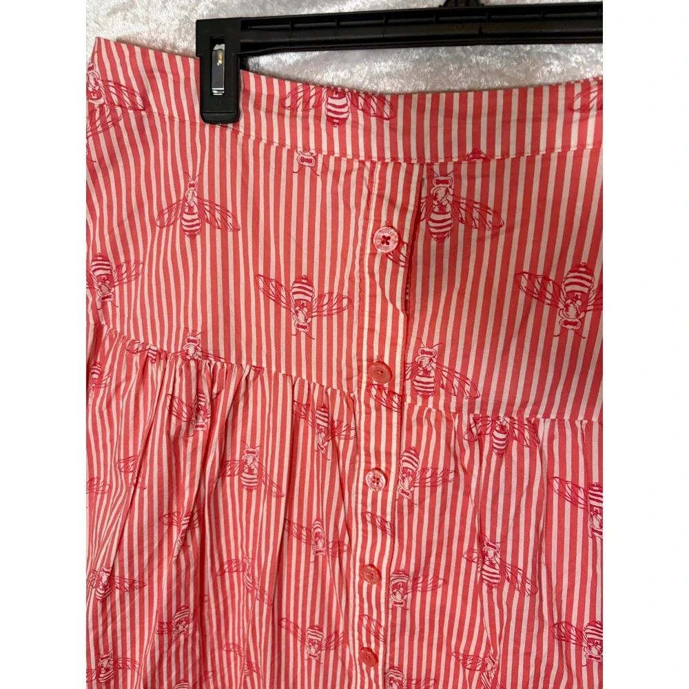Red‎ White Striped Bee Print Button Front Tiered Midi Skirt Womens